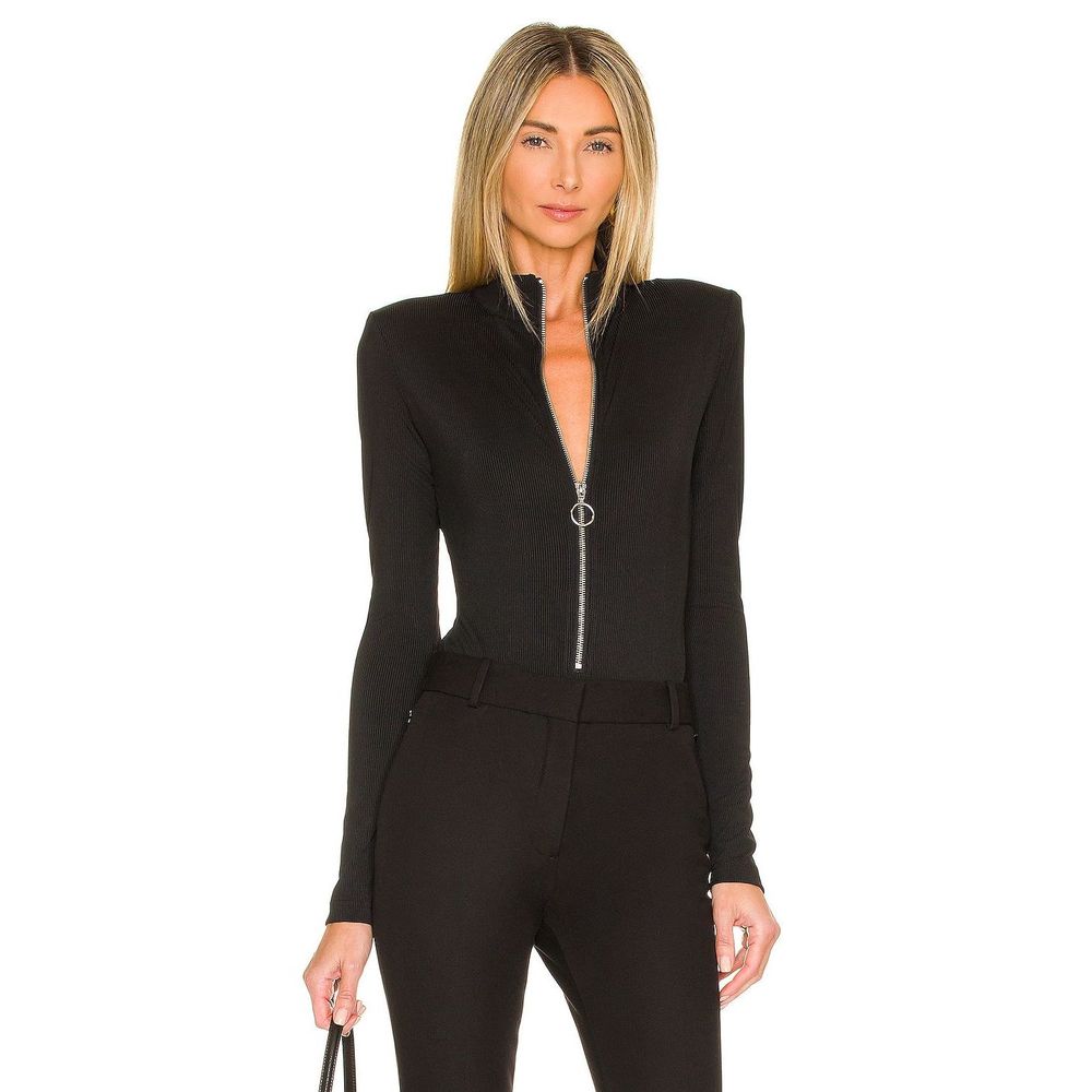Size S NICHOLAS Cybill Rib Long Sleeve Bodysuit with Zip Black REVOLVE MSRP $245